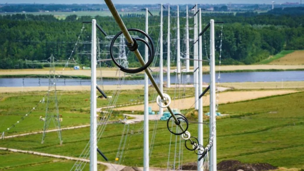 Een hoogspanningslijn voorzien van varkenskrullen die moeten voorkomen dat vogels ertegenaan vliegen